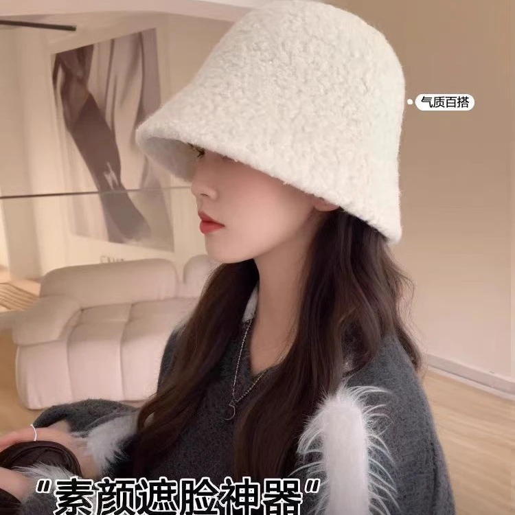 泰迪绒渔夫帽新款时尚韩版水桶帽保暖大头围帽子女秋冬显脸小盆帽