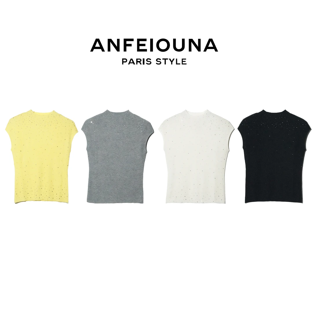 2025新款气质名媛烫钻修身显瘦半高领短袖针织衫上衣女3467