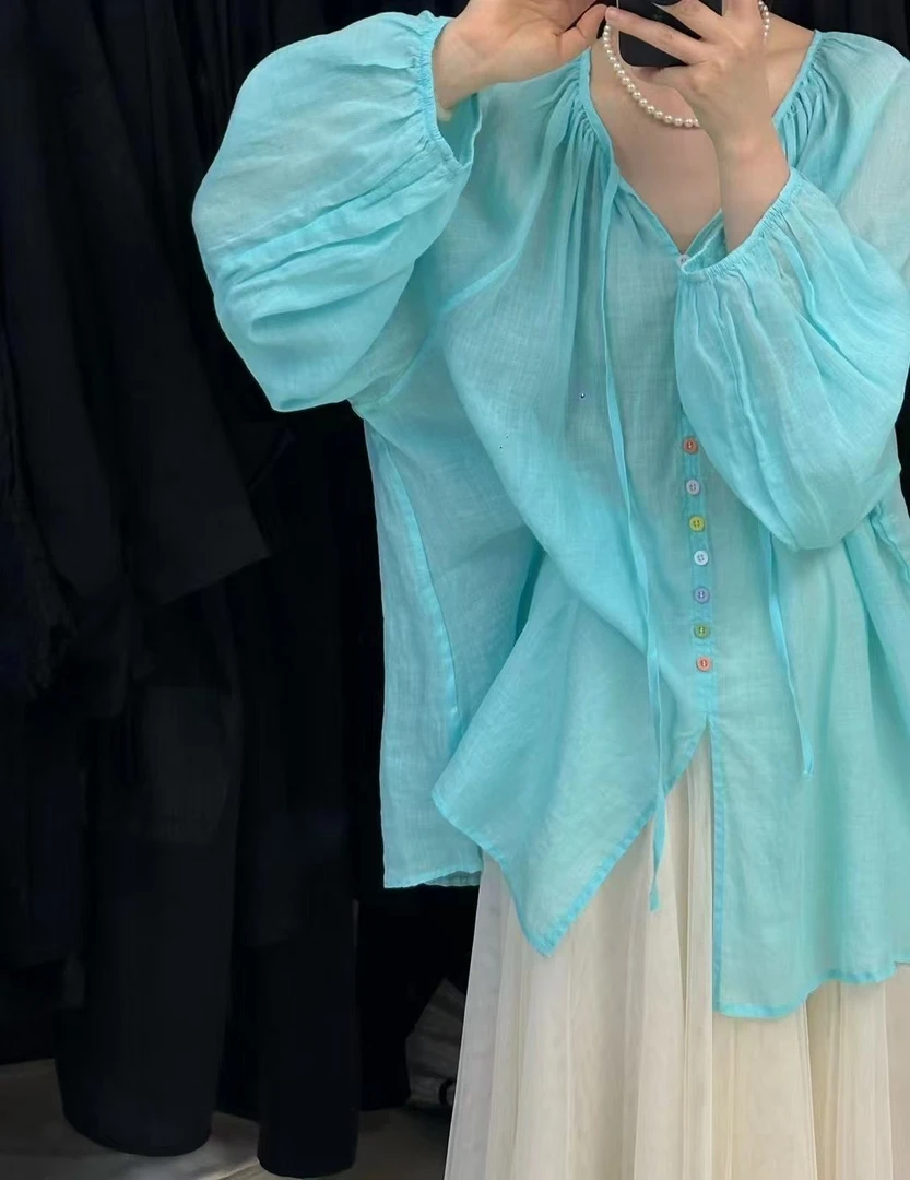 椿和新款【缤纷】简约韩系苎麻圆领衬衫上衣新中式防晒小衫夏