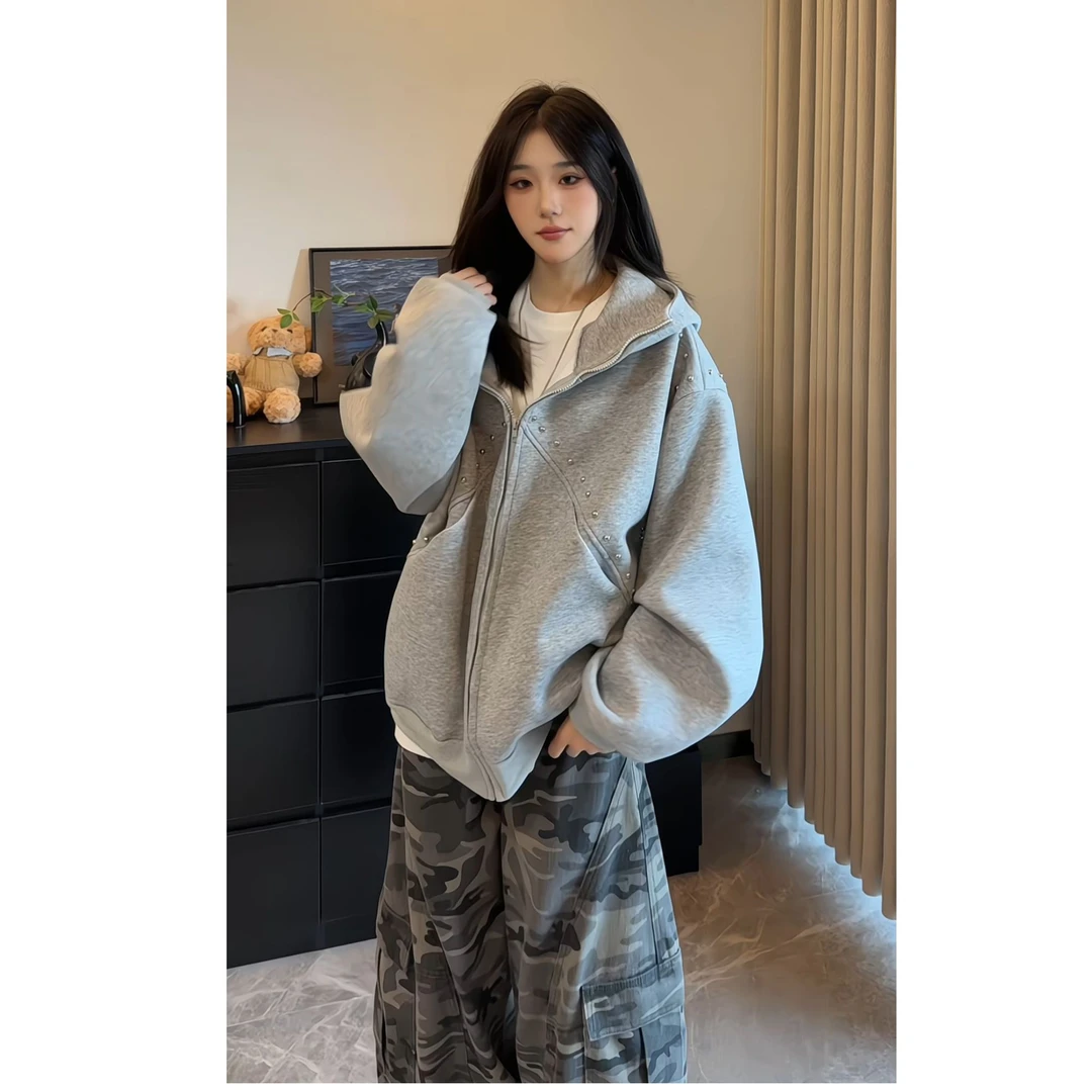 秋季新款铆钉开衫卫衣460克重磅连帽休闲百搭卫衣外套男女同款