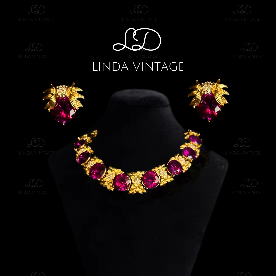 铜合金项链 法式中古宫廷风气质项链轻奢时尚复古坠链红色精致