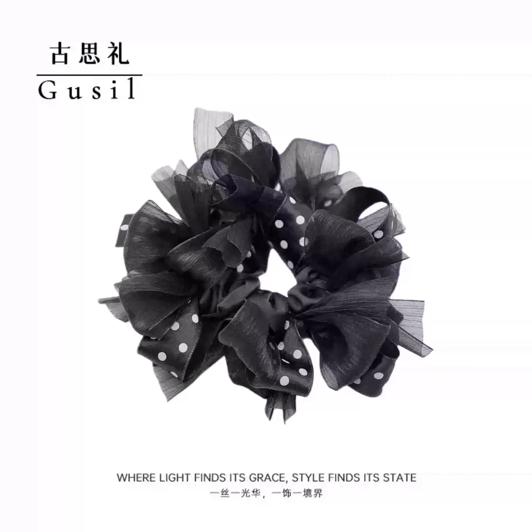 慵懒风优雅黑色波点蝴蝶结发圈百搭时尚简约气质发绳insGS9109