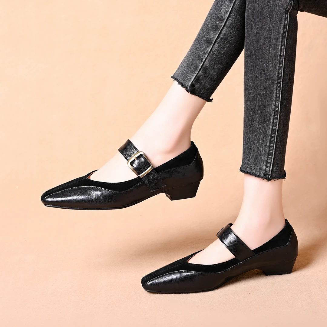 小方头玛丽珍鞋2025年头层羊皮百搭粗跟通勤软皮浅口女单鞋