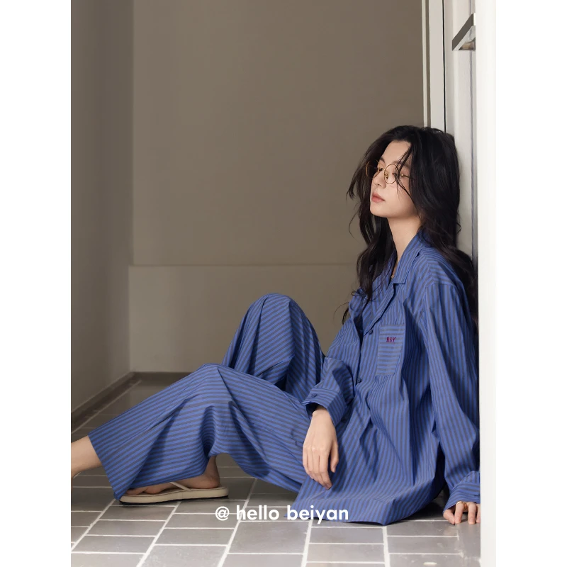 贝妍柔软棉睡衣女春秋新款长袖开衫家居服高级感条纹慵懒宽松套装