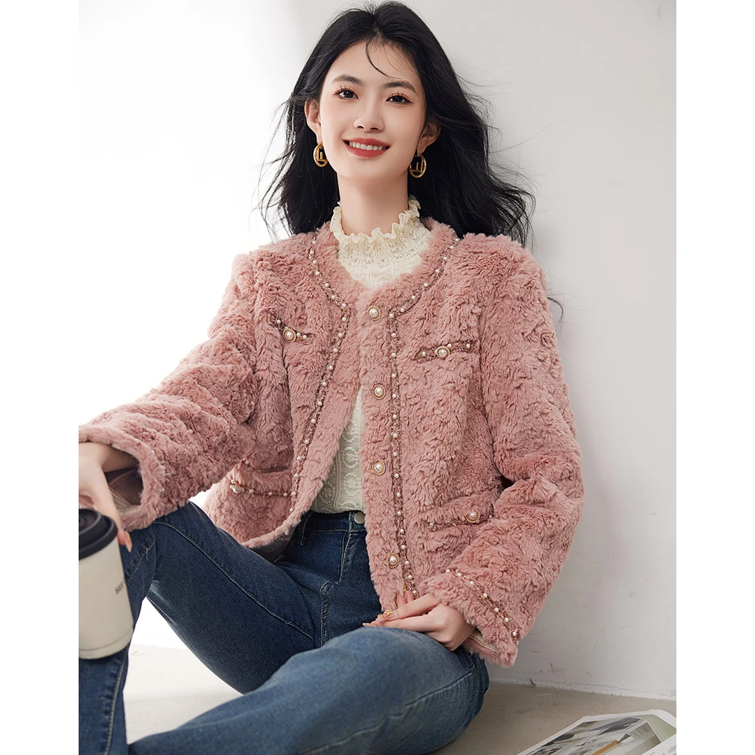 粉色仿羊羔毛短外套女秋冬高级感2025新款毛茸茸加厚洋气时尚毛毛