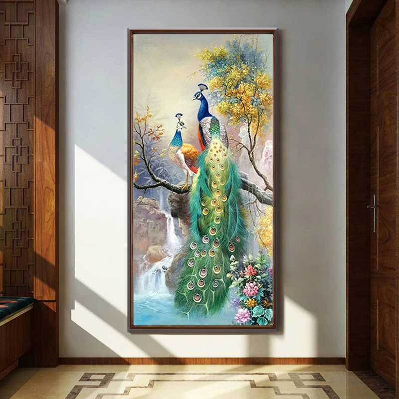东江源手绘油画孔雀装饰画新中式客厅玄关走廊过道挂画装饰画