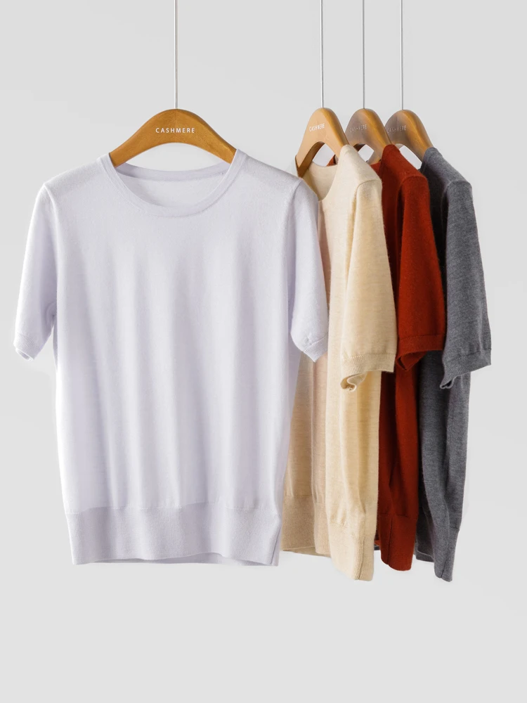 68支16针新款100%精纺纯山羊绒短袖女纯色圆领T恤单股半袖针织衫