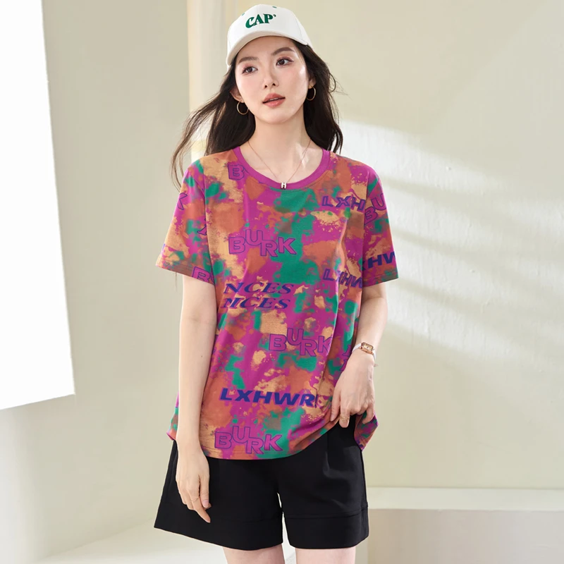 大码女装时尚扎染显瘦正肩圆领常规宽松型大码T恤短袖