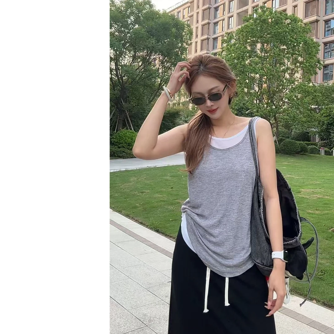 墨迹姐高个子微胖“假二件背心”宽松慵懒大U领工字背心女