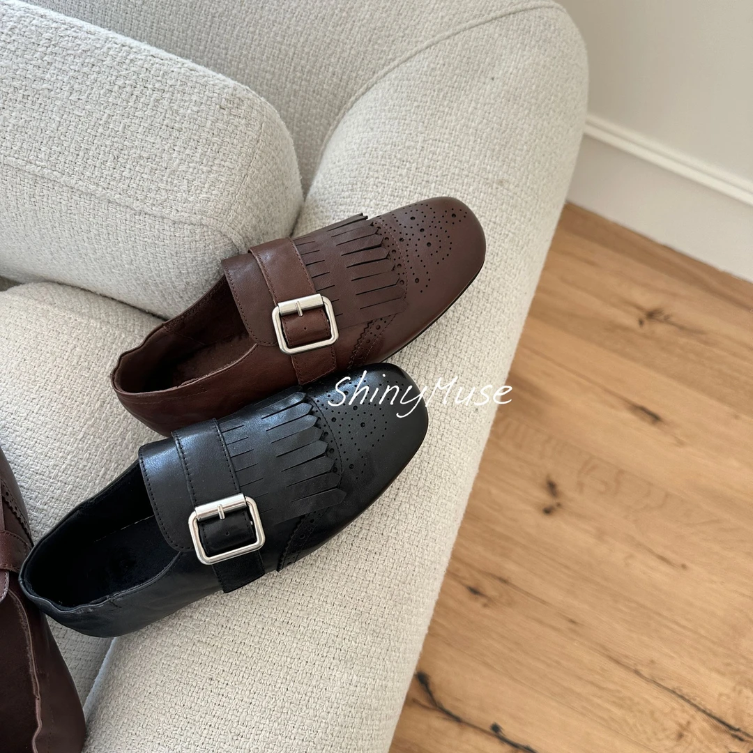 ShinyMuse缪斯定制高端线牛皮真皮雕花布洛克超舒适一脚蹬乐福鞋