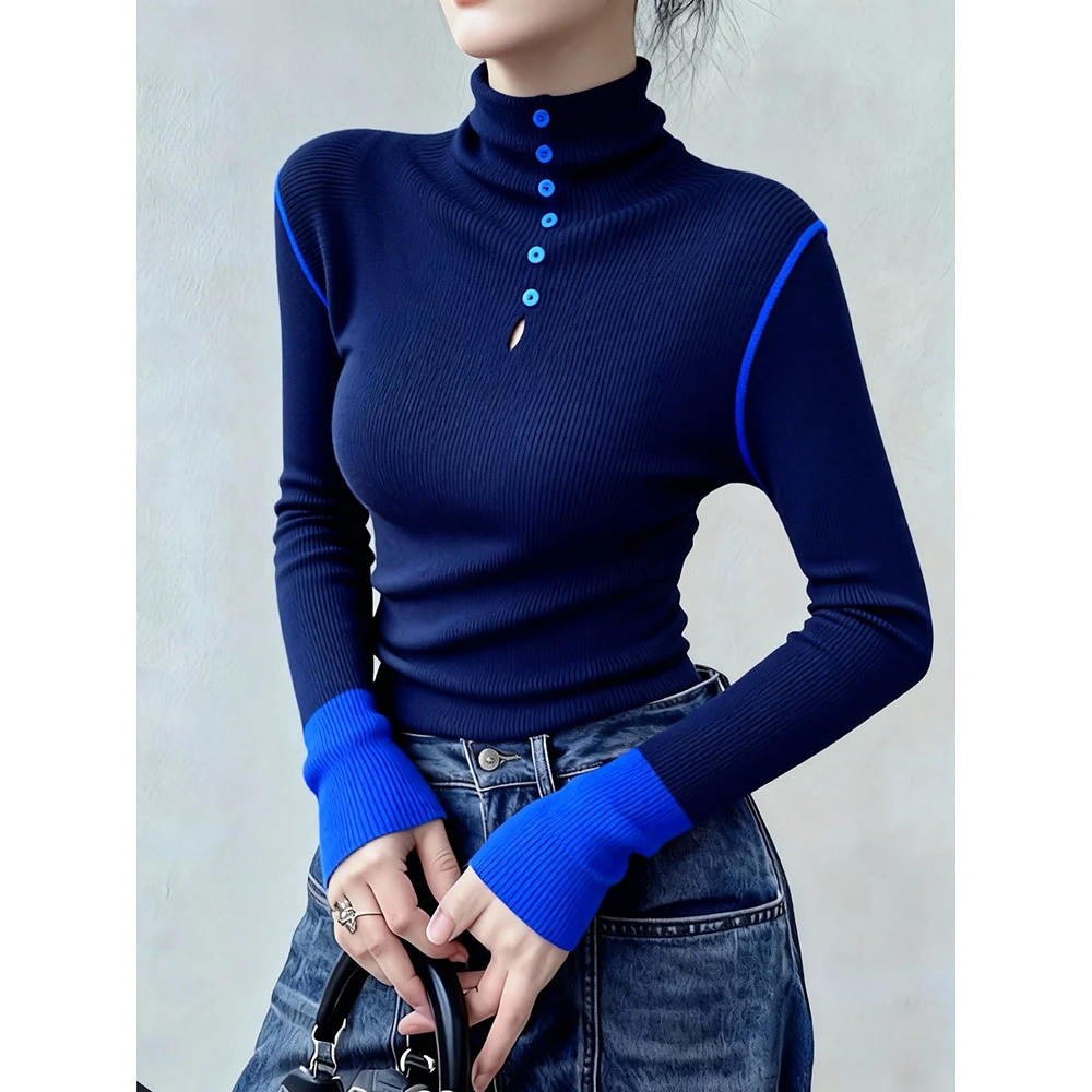 时髦巨好看气质上衣女秋冬韩系独特漂亮高级感蓝色高领针织打底衫