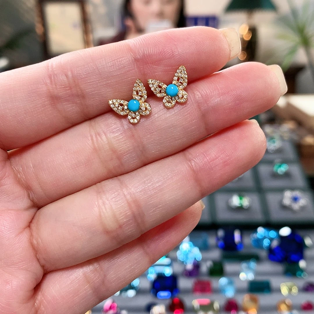 【闪购商品】银S925镶嵌绿松石耳饰蝴蝶绿松石耳钉