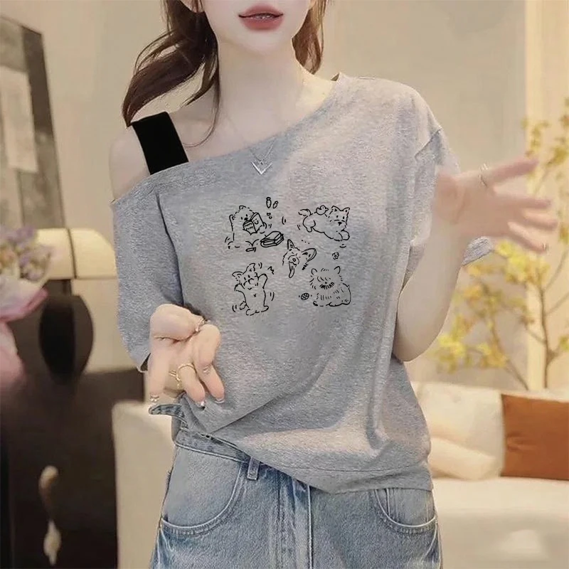 欧货时尚印花短袖T恤女2025夏季新款设计感一字领吊带露肩短上衣