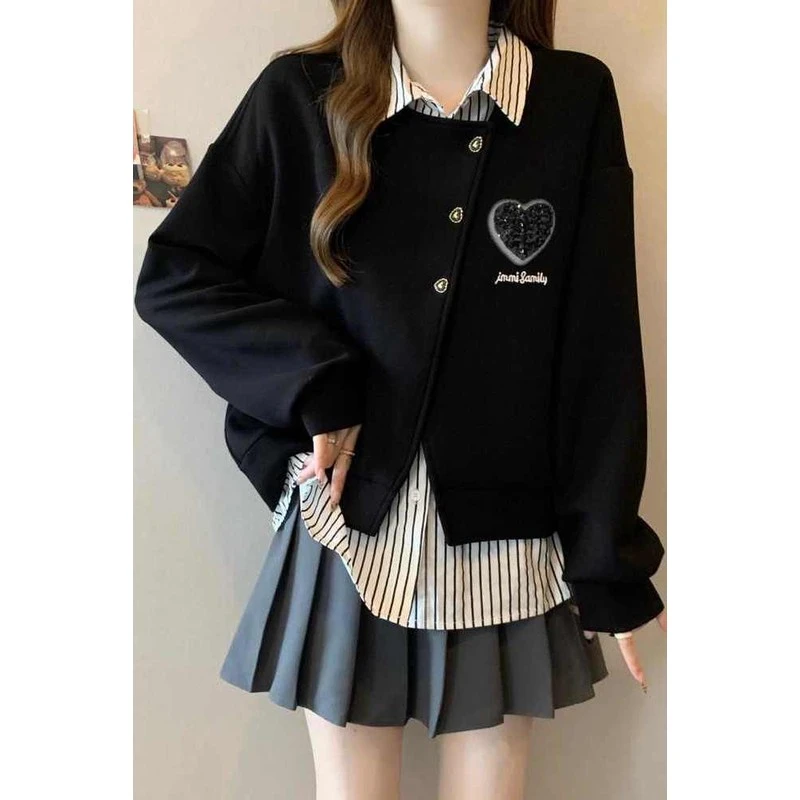 春秋季大码微胖mm女韩版条纹拼接衬衫卫衣女假两件百搭巨显瘦上衣