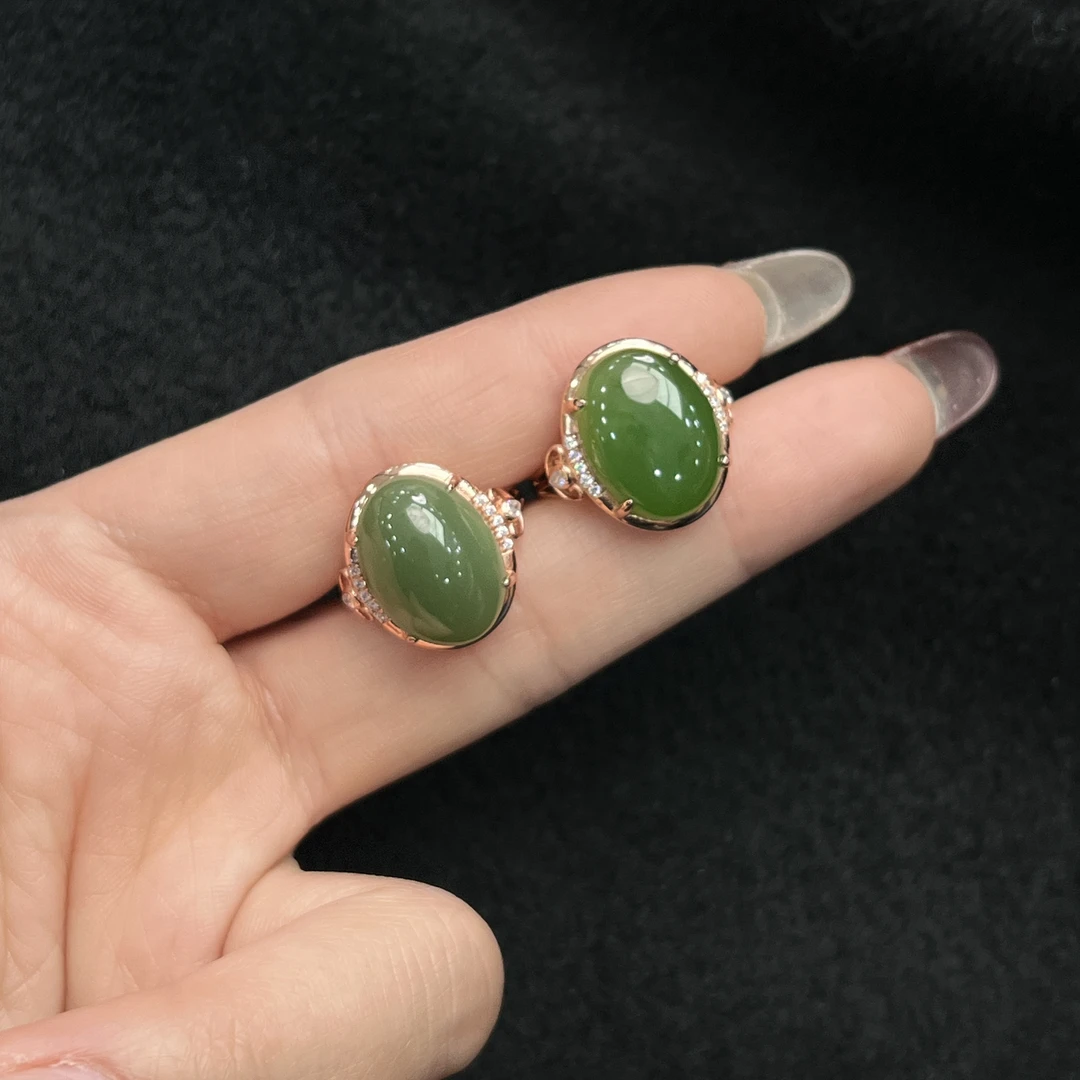 TRY62和田玉碧玉S925银镶戒指15*12mm多样性发其一