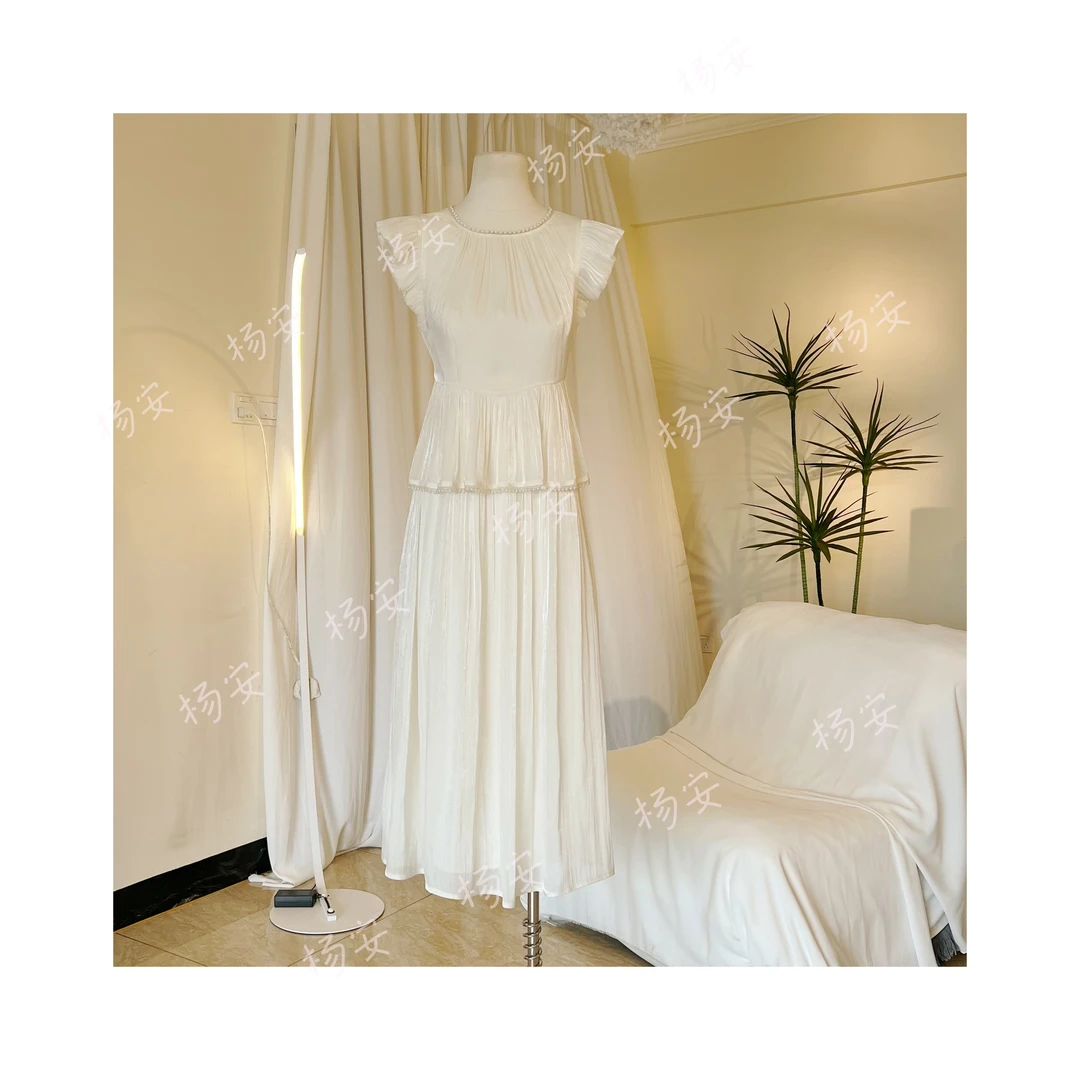 WENXUN/闻讯夏款时尚短袖小飞纱袖小众圆领连衣裙-6012