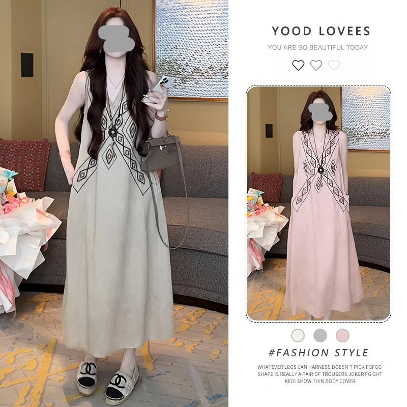 巨好看夏装气质高级感大方得体时尚卡其色刺绣连衣裙海边度假风女