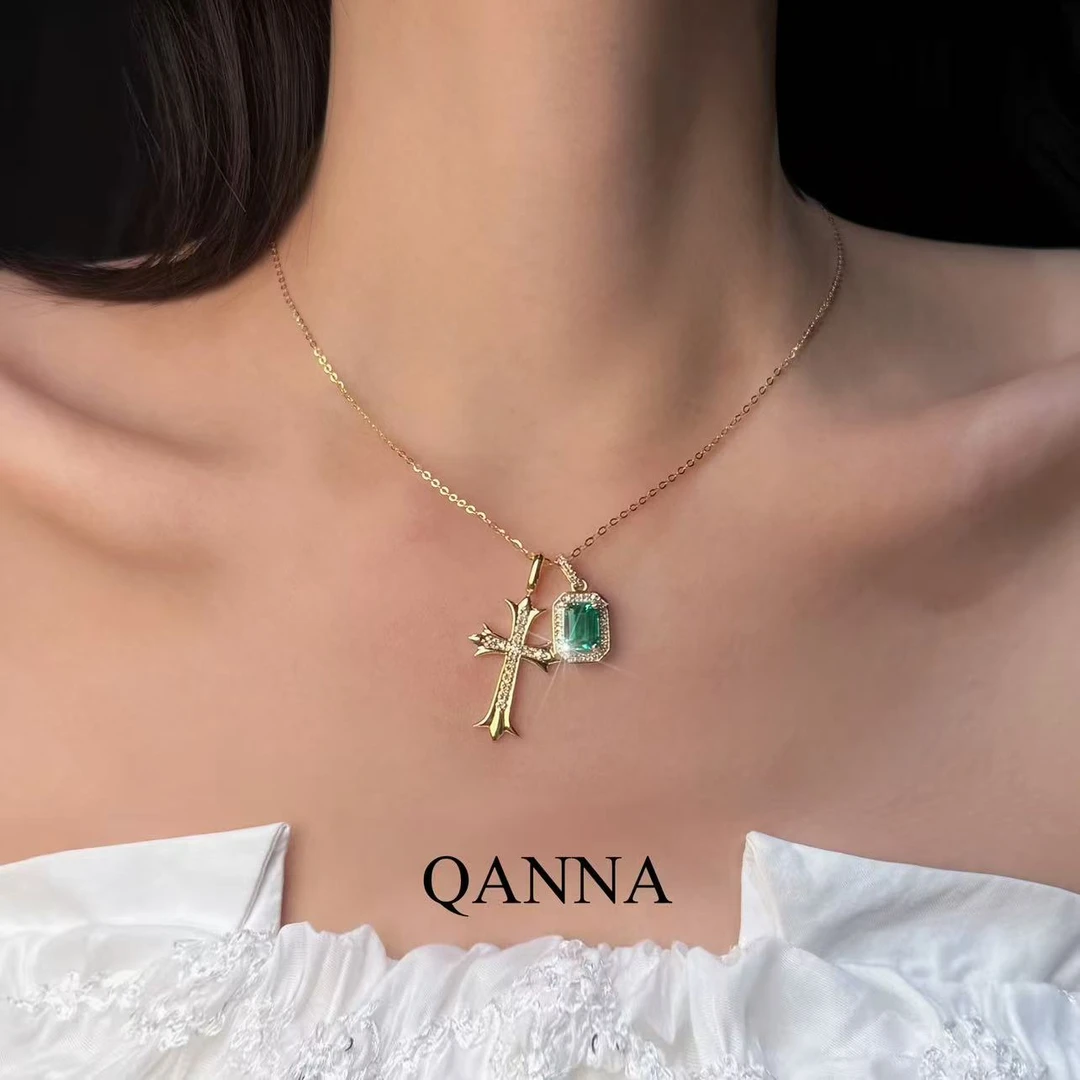 QANNA【绿色满钻十字架】【设计款】欧美风时尚潮人必备钻石项链AF