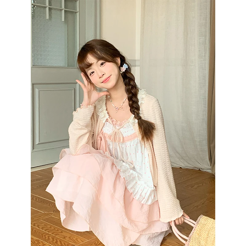 【清仓】半糖花汐sinsingirl 波点撞粉色开衫吊带连衣裙