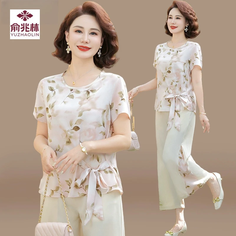 年轻妈妈夏装套装2025新款洋气雪纺短袖上衣中老年阔太太两件套女
