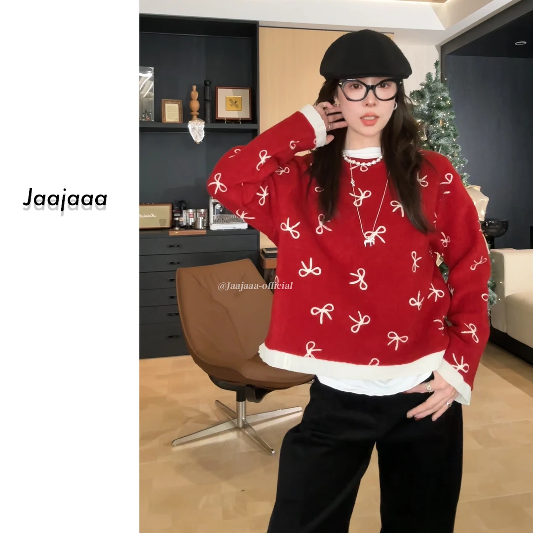Jaajaaa 设计感甜美减龄蝴蝶结刺绣新年氛围感加厚百搭毛衣/XCXB