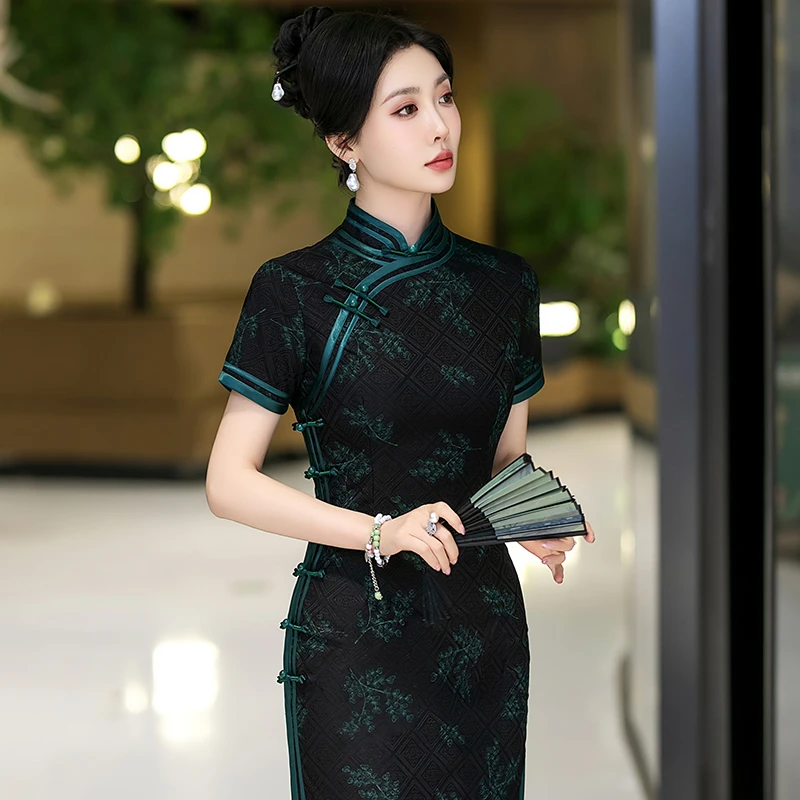 新中式旗袍2025夏季老上海日常可穿裙子高端复古长款素雅国风礼服