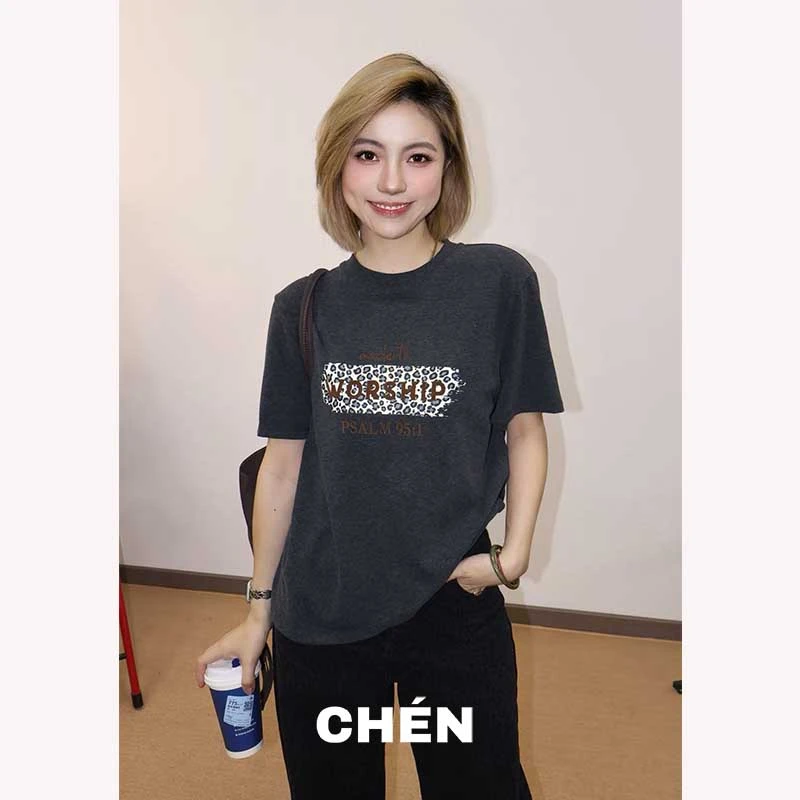【豹纹T】晨总自制通勤休闲字母磨毛秋季加厚圆领宽松短袖T恤女