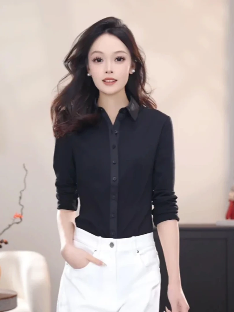 【商场同款】2025秋季新款时尚气质百搭翻领纯色简约修身长袖衬衫女