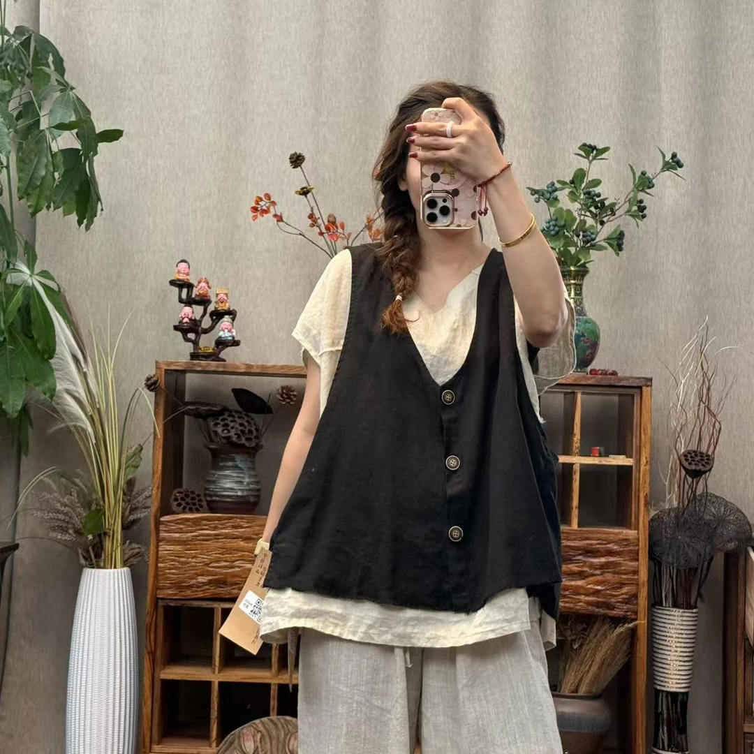 花璟与麻原创设计复古炒色做旧三粒扣无袖背心（衣长61胸围不限）