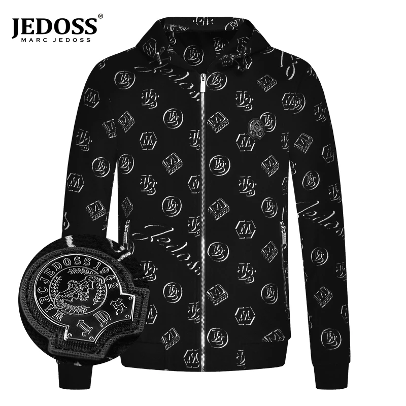 JEDOSS/爵迪斯男装秋冬专柜新款章仔满印花连帽夹克外套HF301
