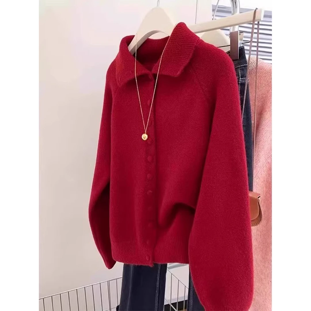秋冬款红色翻领单排扣开衫毛衣300斤大码高级感气质针织衫上衣女