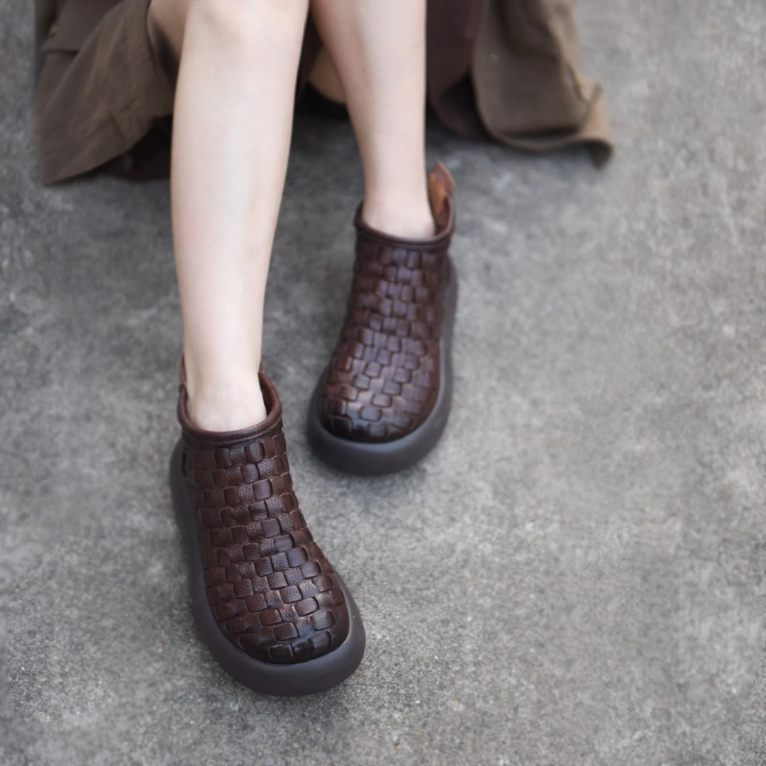 Artmu阿木复古手工真皮编织短靴子新款爆款轻便厚底松糕女靴2099