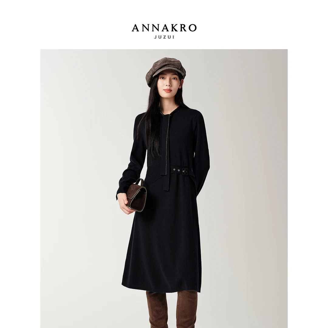 玖姿安娜蔻优雅腰带钻链系带领长袖连衣裙女2025新款KWFD31411