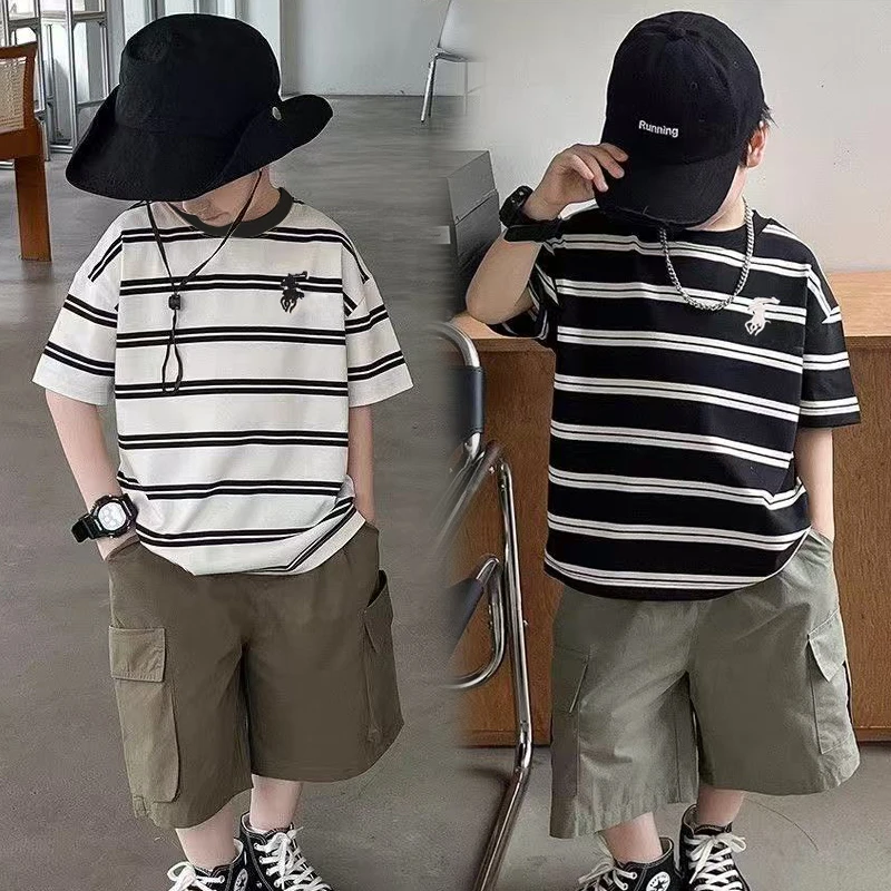 夏季新款男女童条纹宽松休闲风夏装洋气刺绣短袖时尚上衣T