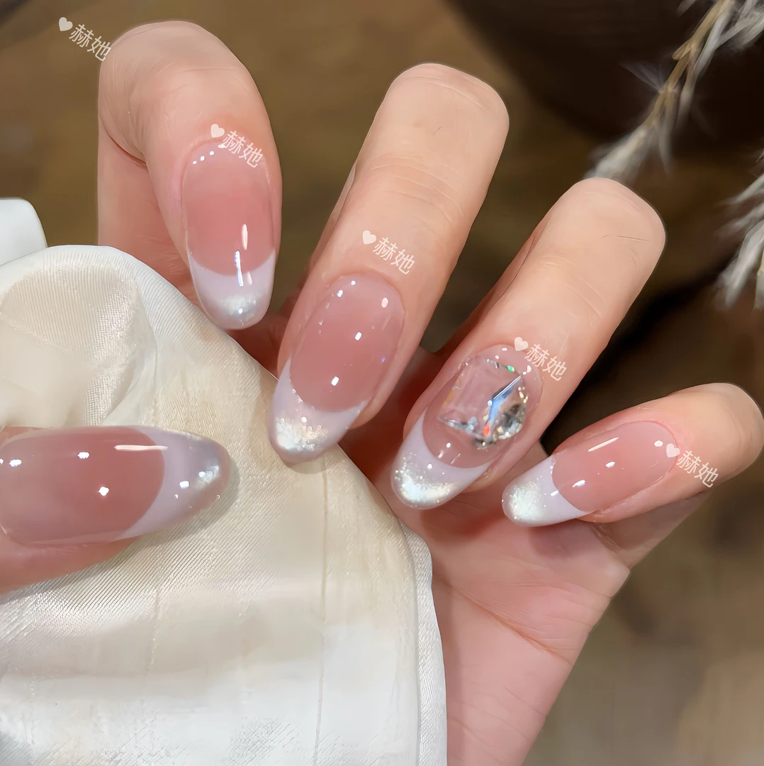 【月光漫游(十二片甲)】温柔法式冰透裸色高级少女心  纯手工穿戴甲