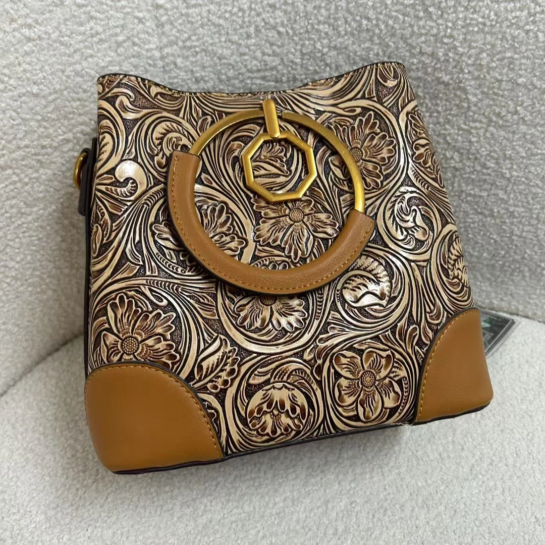 时尚百搭女士棕黄色水桶手提斜挎包