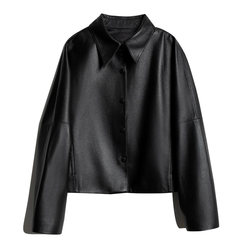 【小资派】休闲简约衬衫领宽松落肩短款绵羊皮皮衣女真皮外套25春秋