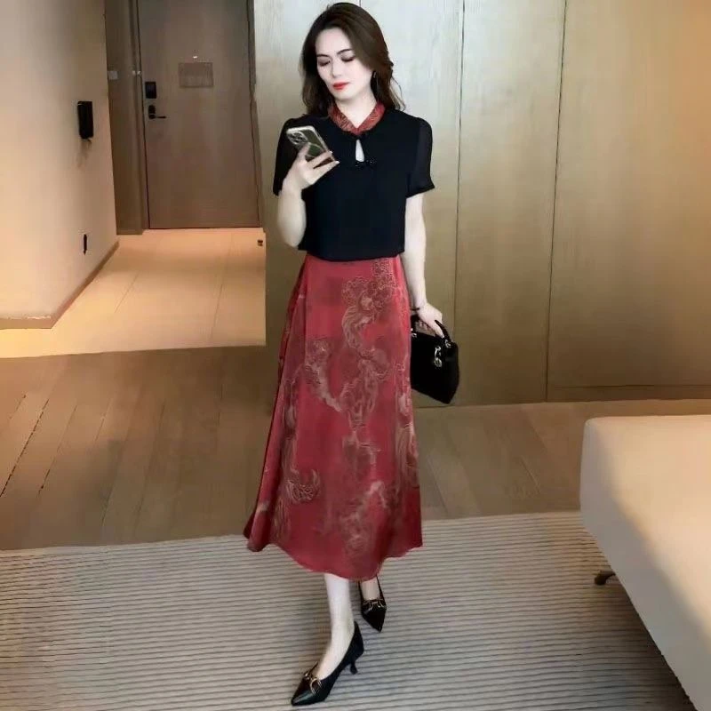 新中式连衣裙女短袖2025年夏季新款国风复古盘扣拼接遮肚显瘦裙子