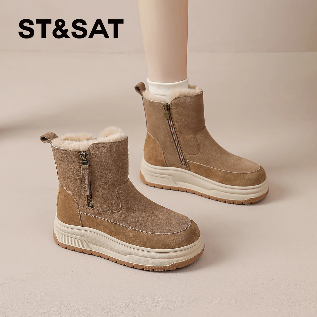 星期六加绒复古雪地靴女2025新款保暖短筒毛毛棉靴加厚外穿棉鞋女