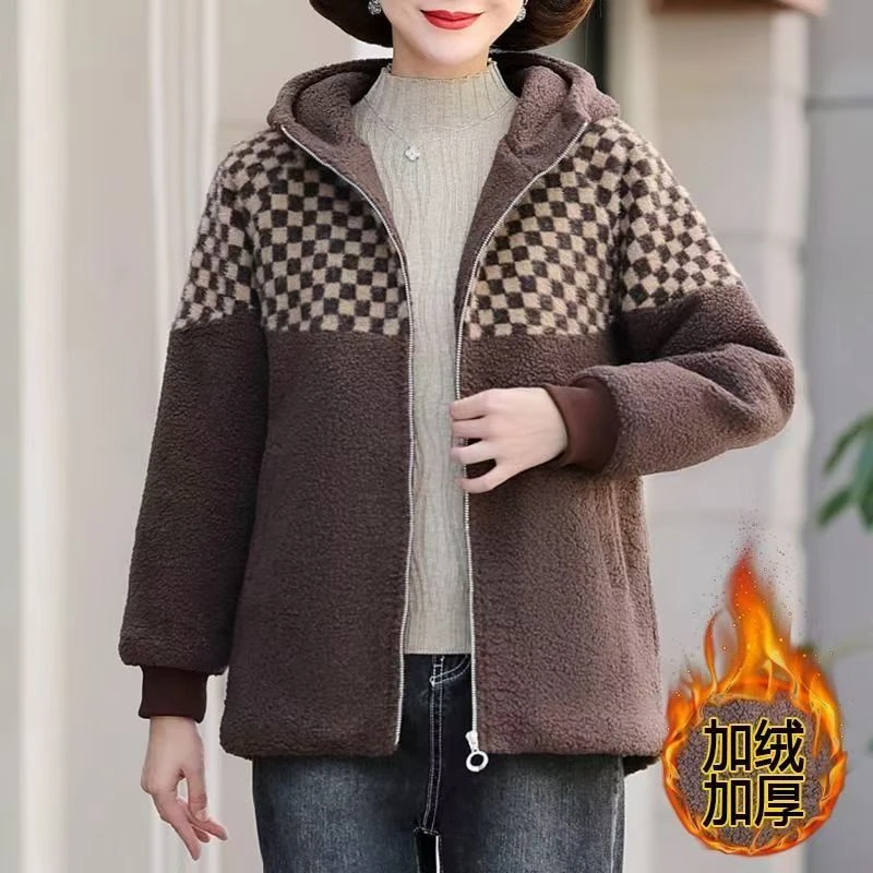 11315-妈妈秋冬加绒加厚连帽外套新款中老年格子保暖上棉衣【A仓】