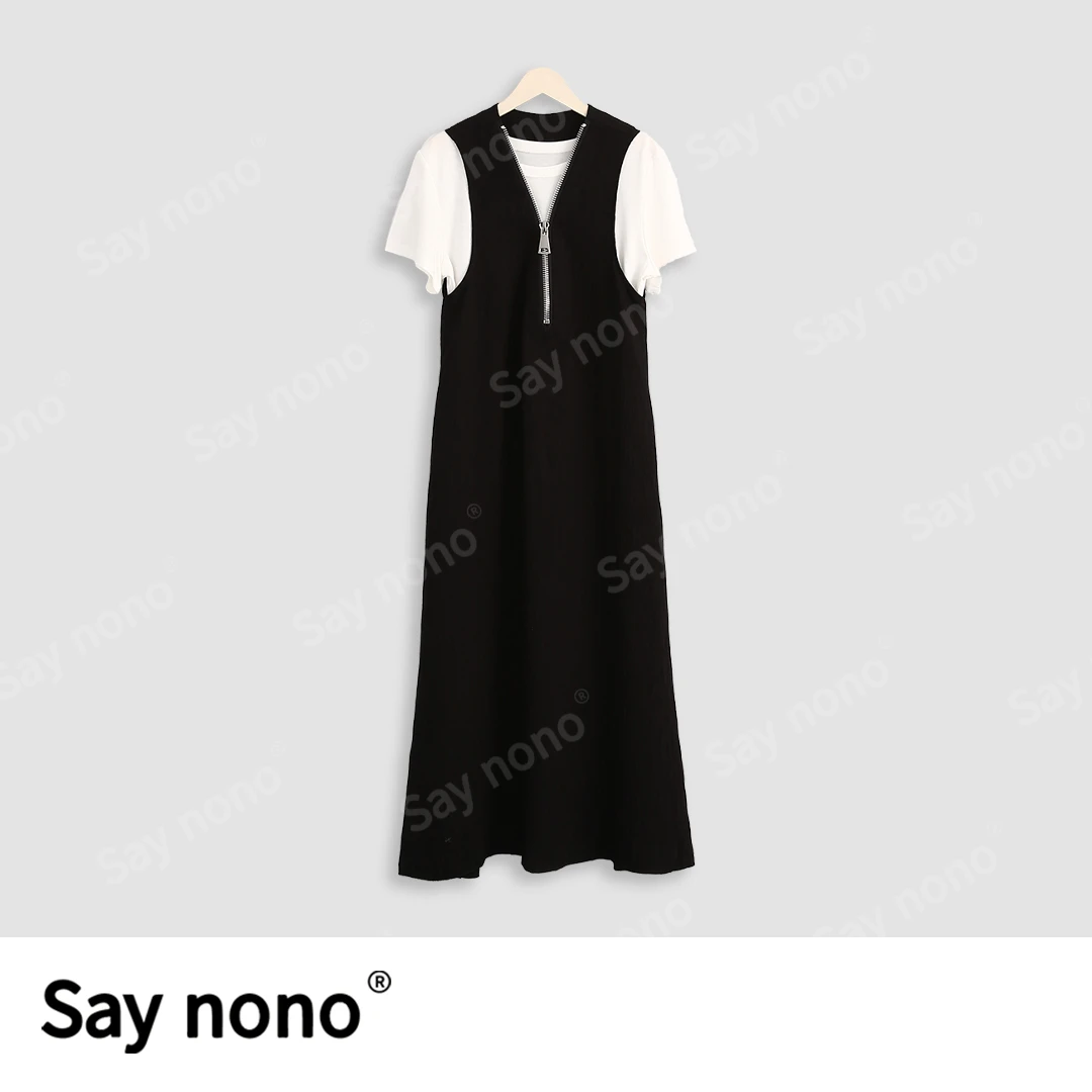 懒猫nono│Saynono 白色圆领上衣+黑色连衣裙时尚套装/ZC10079