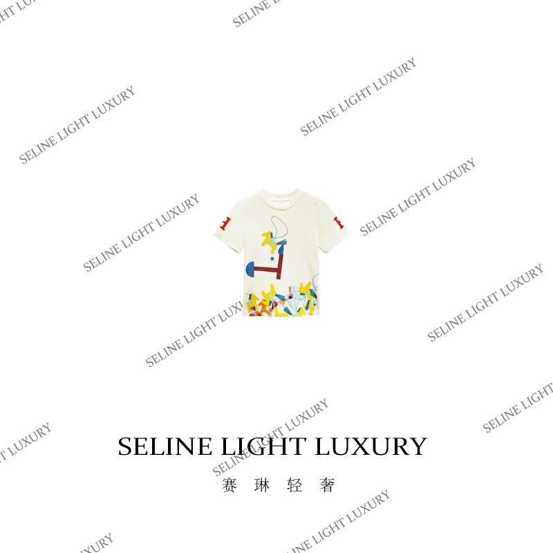 【25C-023】 2025 SELINE 原创潮流米白色印花时尚百搭圆领短袖T恤
