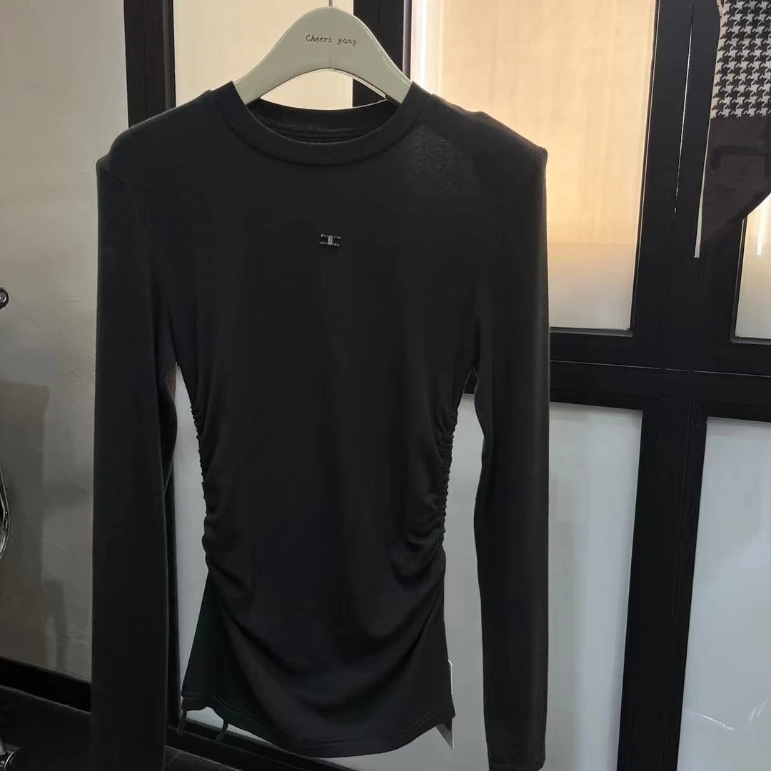 【 雨•美 推荐 】3123黑色韩版修身显瘦两侧抽绳上衣