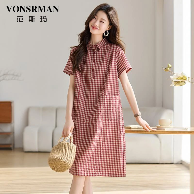 格子连衣裙女2025夏季新款韩版宽松大码显瘦短袖翻领遮肚子衬衫裙