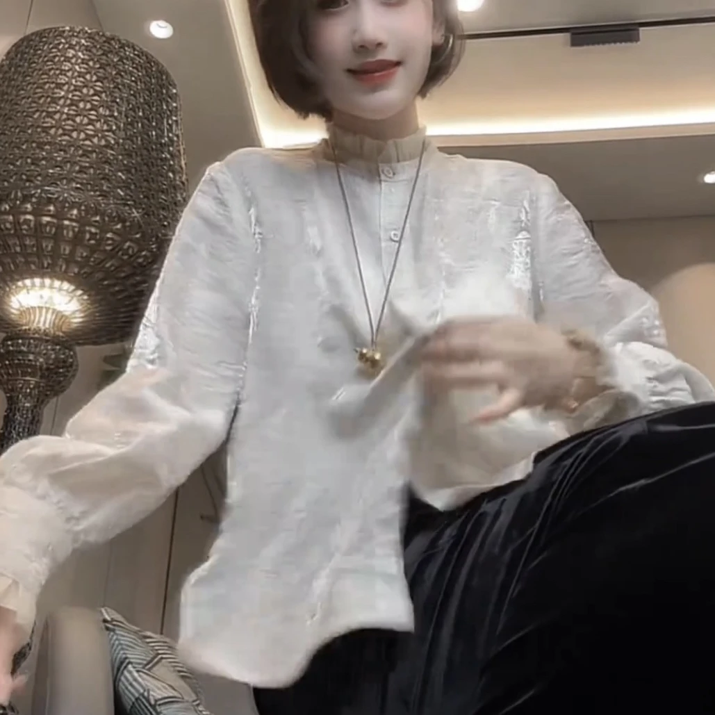 秋季新款洋气浮光琉璃锻褶皱花边立领微喇长袖女士衬衫钉珠马甲女
