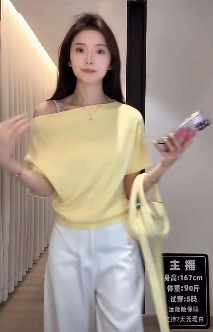 2025夏季莱赛尔辣妹一字肩斜肩韩系上衣女露肩针织衫显瘦