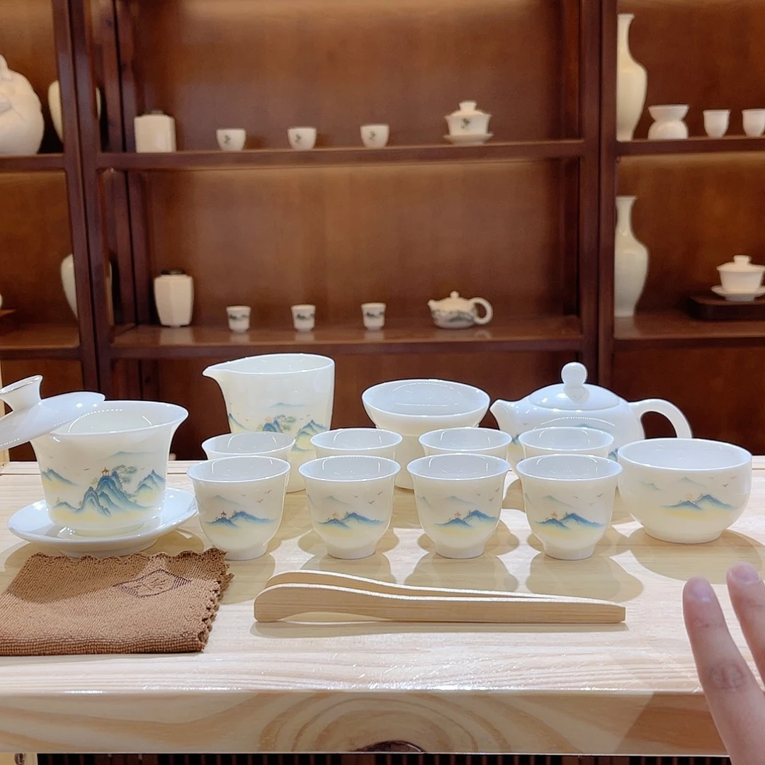 【玄致】羊脂玉瓷千里江山套装16头