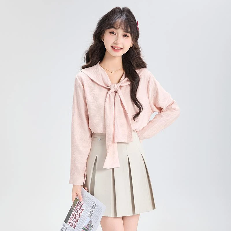 慕兔法式甜美粉色条纹长袖衬衫女2025春季新款设计感小众宽松上衣