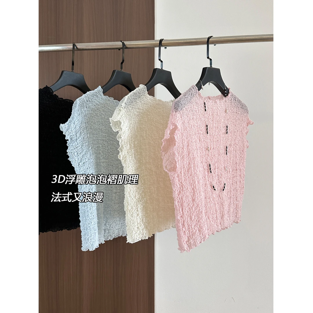 调性十足~法式肌理感木耳边兰精天丝短袖女立体层次感透气小衫潮