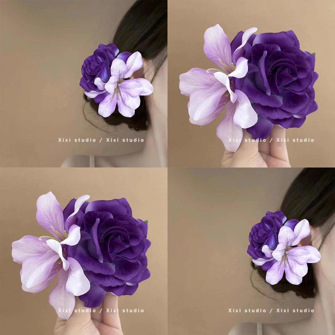 紫色系玫瑰花朵发夹女2025新款发夹氛围感头饰气质鸭嘴夹发夹发卡